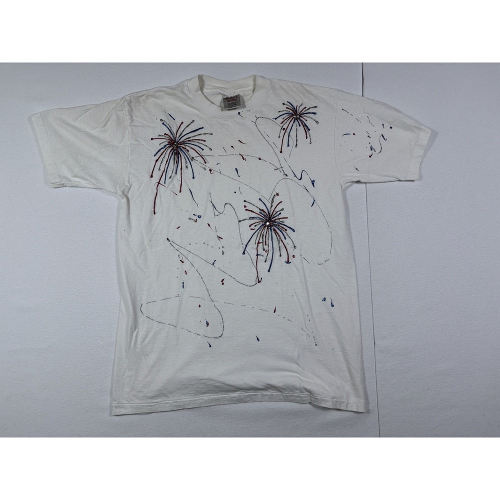 Vintage Oneita Power-T Fireworks Paint Tee XL White 4th of July USA See Photos